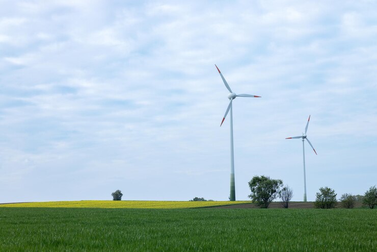 Zwei Windturbinen auf einem Getreidefeld Deutschland