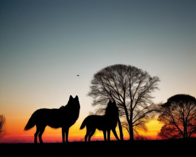 Zwei Wölfe stehen vor einem Sonnenuntergang mit einem Vogel, der in den Himmel fliegt.