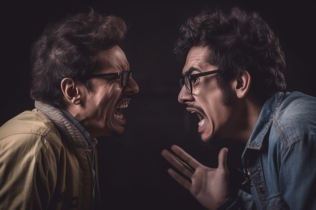 Zwei wütende Männer schreien einander auf dunklem Hintergrund an. Aggressive Männer