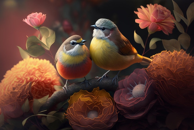 Zwei wunderschöne Vögel über der generativen KI der Blumen