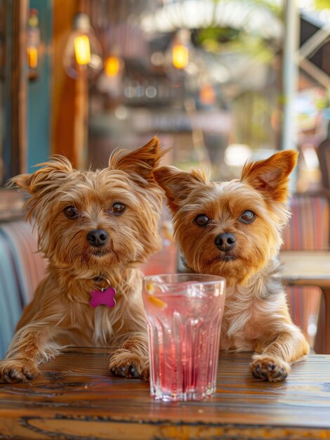 Zwei Yorkies trinken gemeinsam in einem Café