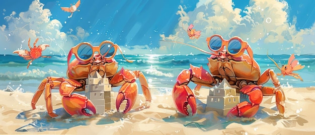 Zwei Zeichentrickkrabben mit Sonnenbrille sitzen am Strand, trinken Cocktails und entspannen sich