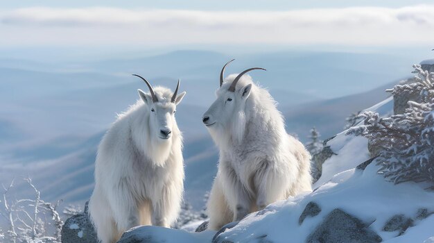 Foto zwei ziegen stehen auf einem verschneiten berghang