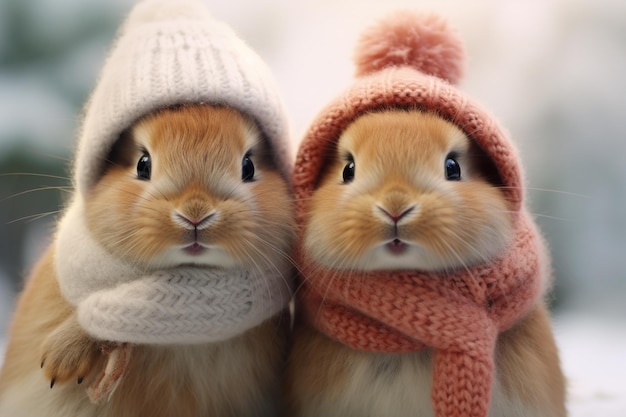 Zwei Zwergkaninchen mit Hüten und Wollschals trotzen dem kalten Winter