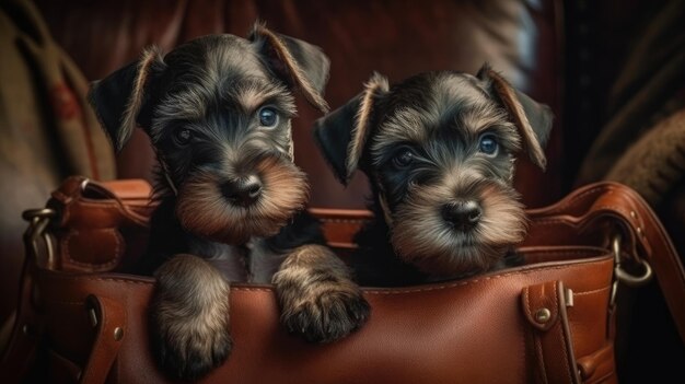 Zwei Zwergschnauzerwelpen in einer Ledertasche