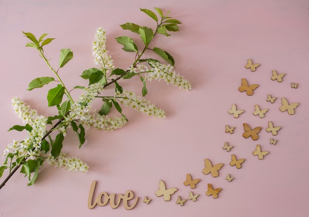 Zweig der weißen Vogelkirsche und der Schmetterlinge auf einem rosa Hintergrund