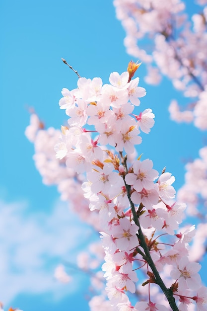 Zweig einer Kirschblüte mit einem blauen Himmel im Hintergrund