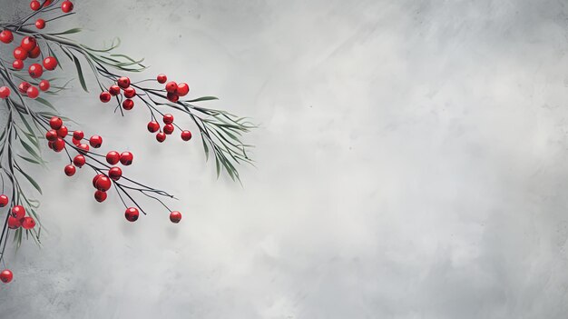 Zweig eines Baumes mit roten Beeren auf einem grauen Hintergrund.