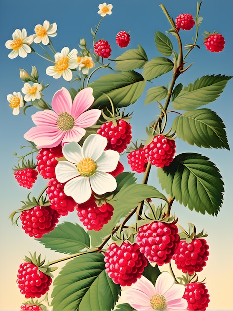 Zweig mit reifen Himbeeren und Blumen Illustration