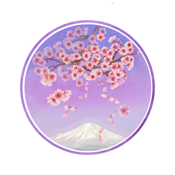 Foto zweig mit sakura-blüten in einem runden rahmen mit einem blick auf fuji auf einem farbgradienten-hintergrund