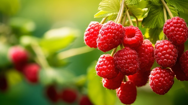 Zweig reifer Himbeeren in einem Garten