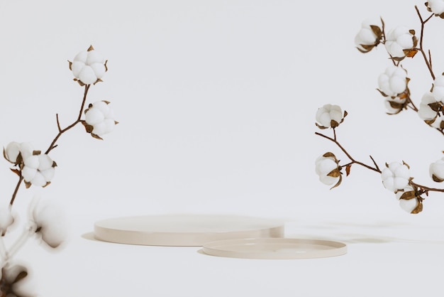 Zweig weiße Baumwollblumen Podium auf beigem Hintergrund Natürlicher Biofaser-Landwirtschaftsstoff