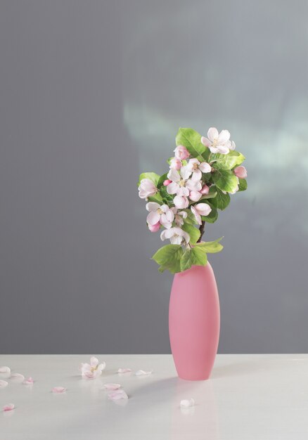 Zweige des Apfelbaums mit Blumen in der rosa Vase auf weißem Tisch