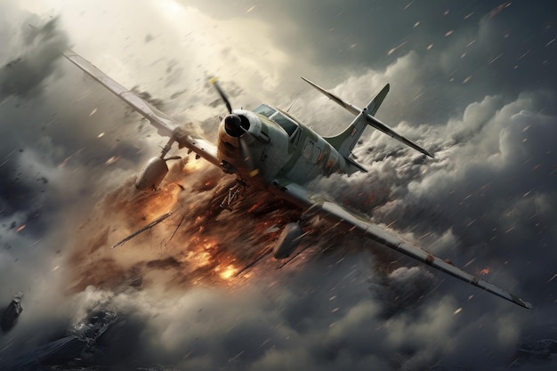 Zweiter Weltkrieg Kampfflugzeug im Himmel 3D-Illustration Militärflugzeugabsturz in einem Sturm KI generiert