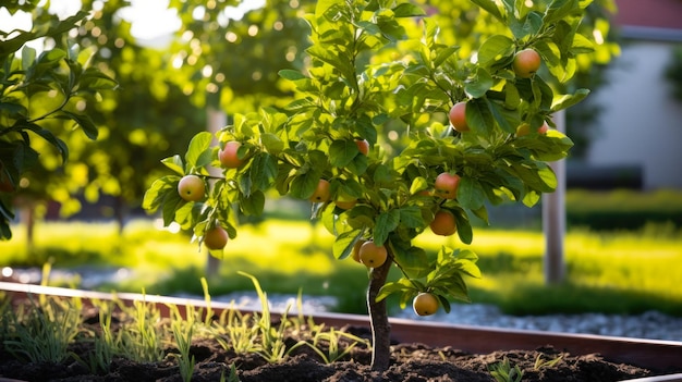 Zwergapfelbäume im grünen Sommergarten generative KI