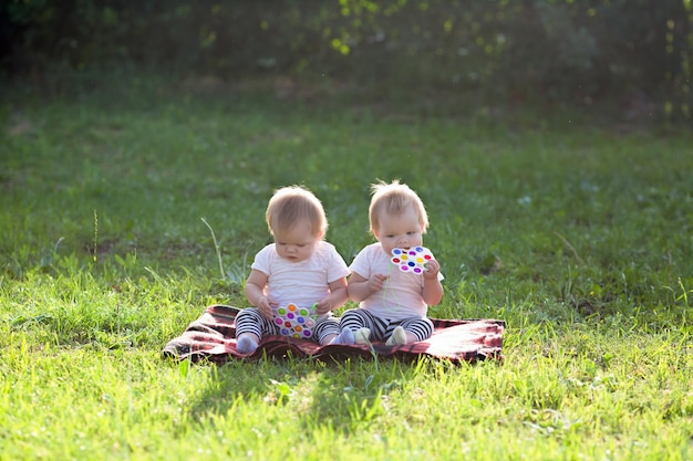Zwillingskinder sitzen an einem Sommertag in einem Stadtpark auf einer Decke mit Spielzeug.