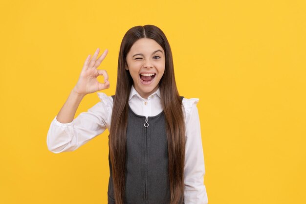 Zwinkerndes Schulmädchen in Schuluniform glückliches Lächeln gestikulierend OK singen gelber Hintergrund vereinbart