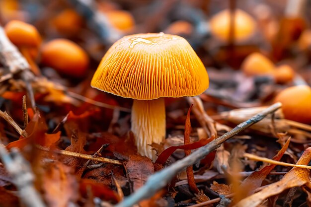 Zwischen den Blättern am Boden liegt ein Pilz