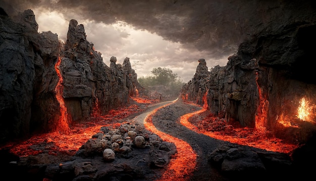 Zwischen den Felsen und an ihnen entlang fließt die glühende Lava