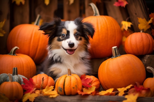 Zwischen Kürbissen und anderen generativen Herbstblättern sitzt ein Hund