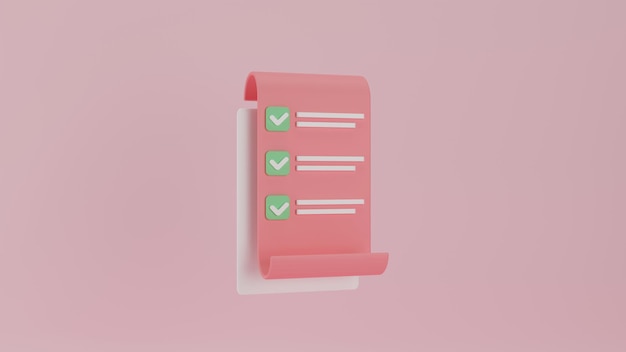 Zwischenablage auf rosa Hintergrund Notizblock-Symbol Zwischenablage Aufgabenverwaltung Todo-Checkliste Arbeit Projektplan Konzept schnelle Checkliste Produktivitäts-Checkliste 3D-Rendering