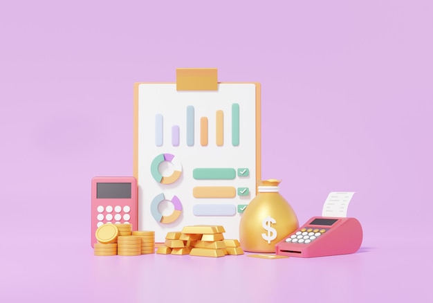 Zwischenablage Papierdiagramm, Finanzanalyse. Transaktionen für kostenreduzierendes Bildungskonzept, Taschenrechner, Münzen, Taschengeldgold, violetter Hintergrund. 3D-Darstellung