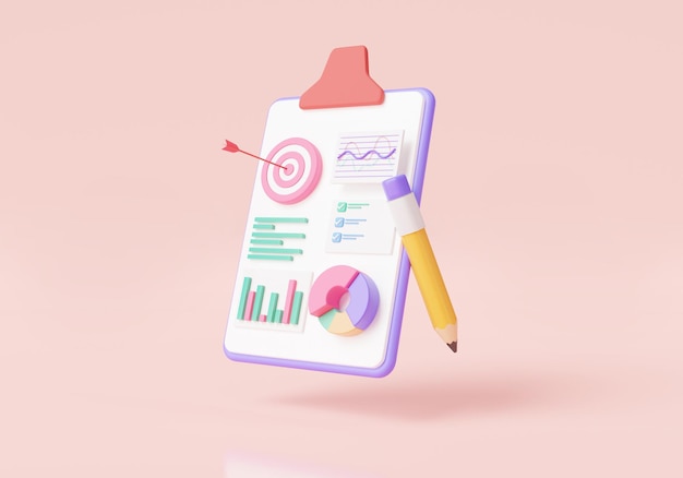 Zwischenablagepapier mit Data Analytics SEO-Optimierungs-Dashboard und Berichtsdiagramm Checklistendiagramm Analytische Zieloptimierung Marketing Business Financial Concept 3D-Icon Render-Illustration