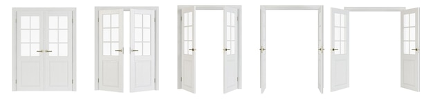 Zwischenraumtür isoliert auf weißem Hintergrund. Satz Holztüren in verschiedenen Öffnungsstadien. 3D-Rendering.