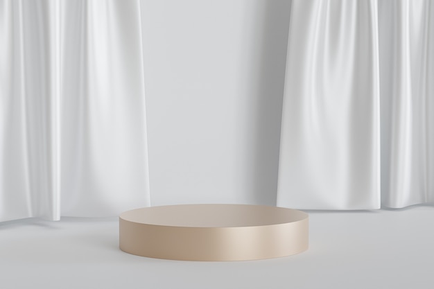 Zylinderförmiges Podium oder Sockel für Produkte oder Werbung auf glänzendem weißen Vorhanghintergrund, minimale 3D-Illustration rendern