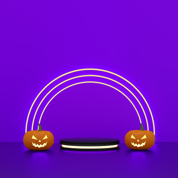 Foto zylinderpodium mit hellem neon und halloween-kürbissen für die produktpräsentation mit kreisen auf violettem hintergrund. 3d-rendering.