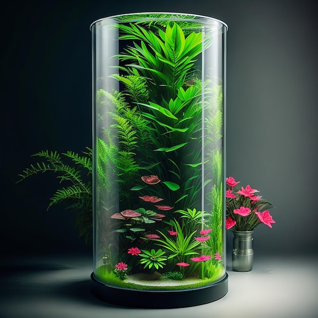 Zylindrische Glashülle mit exotischen Pflanzen Blumen Innenlicht Aquarium im Inneren