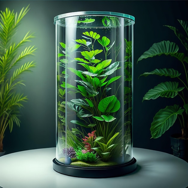 Zylindrische Glashülle mit exotischen Pflanzen Blumen Innenlicht Aquarium im Inneren