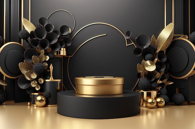 Zylindrische Schwarz- und Gold-Luxus-Podium-Piedestal Produkt-Display und Geschenkbox-Hintergrund 3D-Rendering