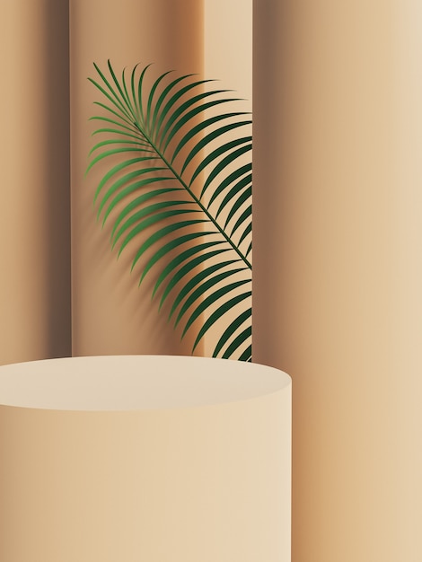 Zylindrischer Produktständer mit hinteren Säulen und Palmblatt, die von hinten herausschauen. 3D-Rendering