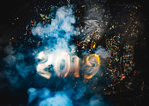 2019 New year balloons in smoke