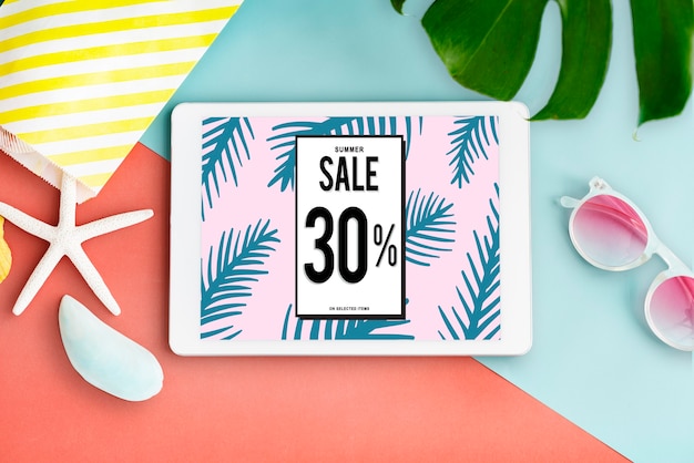 30% sale discount ad on a tablet with summer accessories