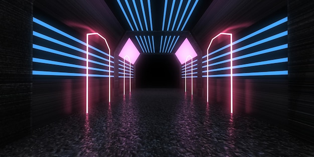 네온 불빛과 함께 3d 추상적인 배경입니다. 네온 터널 .space 건설 . .3d 그림