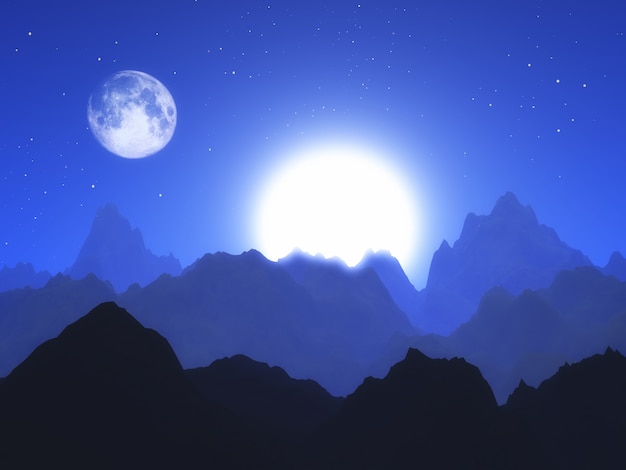 月と太陽の3D抽象的な風景