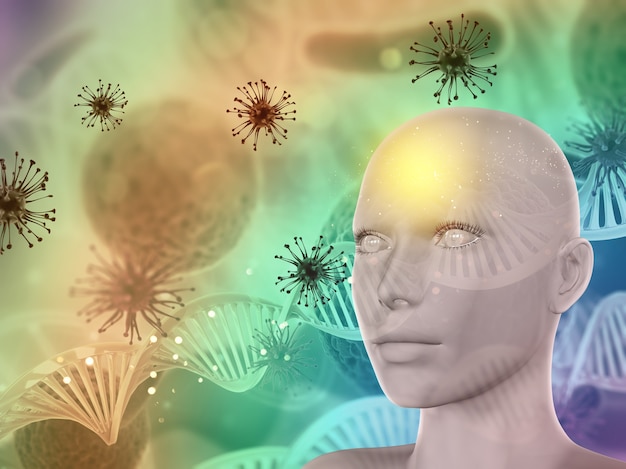 Бесплатное фото 3d абстрактный медицинский фон с женским лицом, вирусные клетки и нити днк