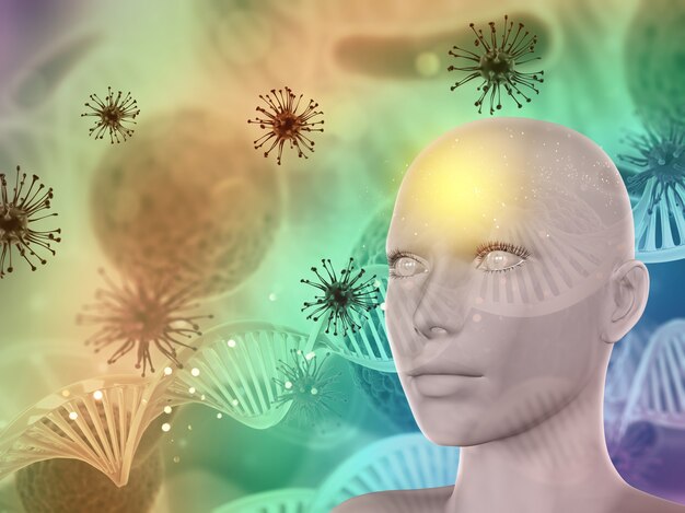 3D abstract medical background with female face, virus cells and DNA strands 