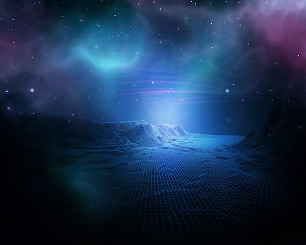 3D abstract space background with wireframe landscape