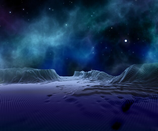 3D abstract wireframe landscape against space sky