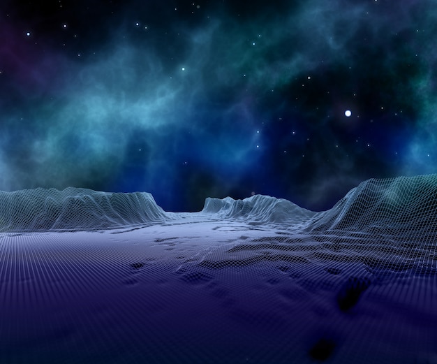 3D абстрактный каркасный пейзаж против космического неба