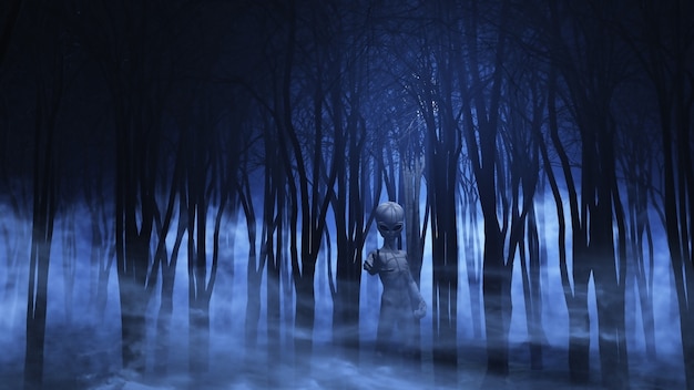 3D alien in a foggy forest