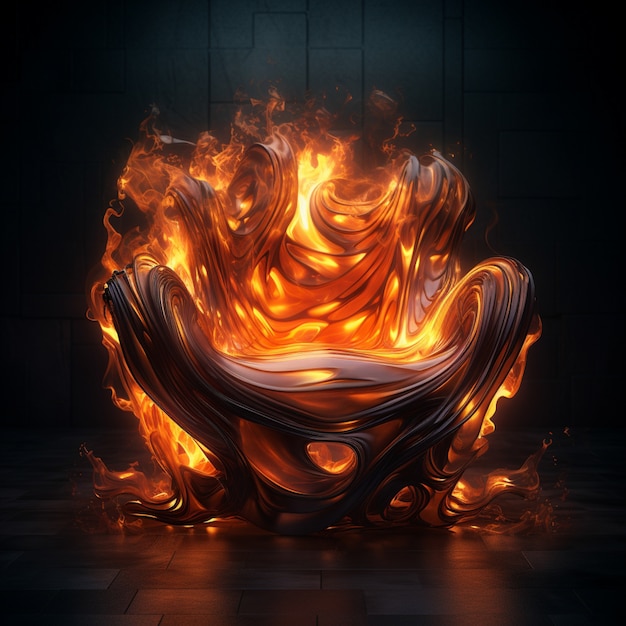 3Dアームチェアが炎で燃えている