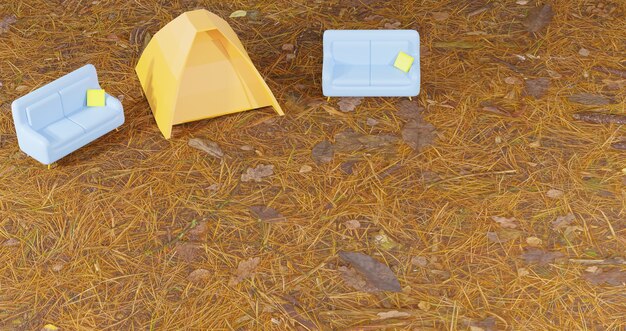 プレゼンテーション​製品​の​キャンプ​の​ために​上​から​見た​芝生​の​上​の​3​d​背景​レンダリングテント​と​ソファウェブページ​の​背景​の​キャンプ​と​スカウト​の​テーマ