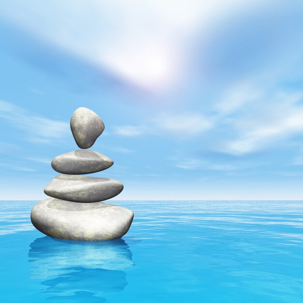 3D balancing pebbles in ocean