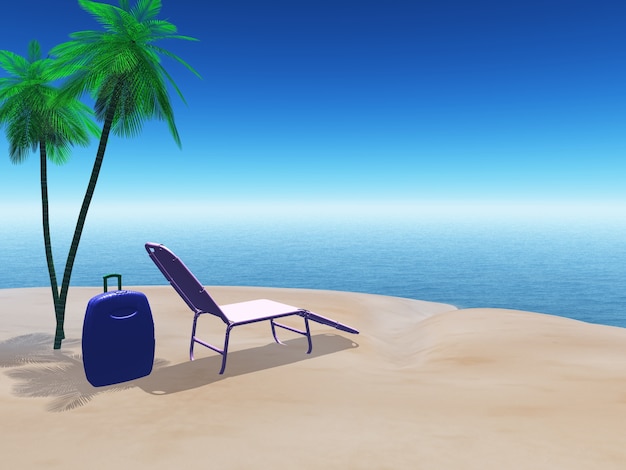 スーツケースとサンラウンジャーとビーチのシーンのレンダリング3D