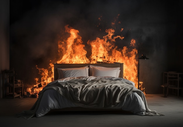 Foto gratuita 3d letto in fiamme con le fiamme