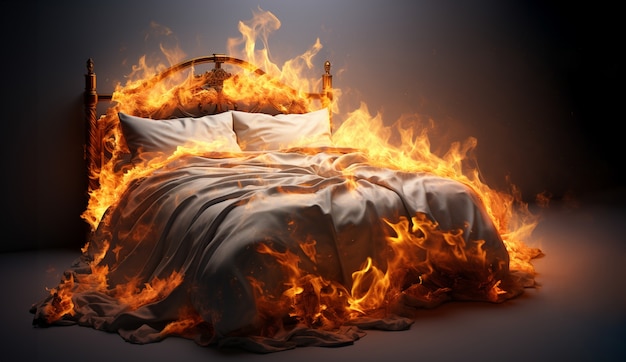 Foto gratuita 3d letto in fiamme con le fiamme